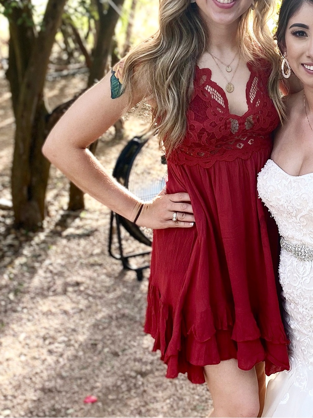 Red Lace-Accent Mini Dress with Ruffled Hem